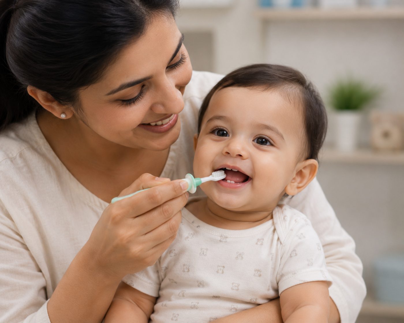 Caring for baby's first teeth shown by dentist at The White Dental Practice, your 'dental clinic near me', in Mankapur Nagpur