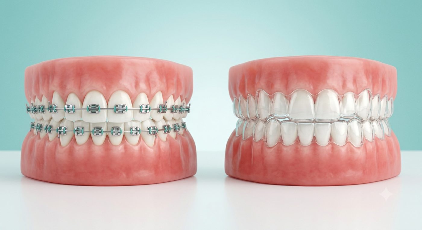 Braces versus clear aligners compared by dentist at The White Dental Practice, your 'dental clinic near me', in Mankapur Nagpur
