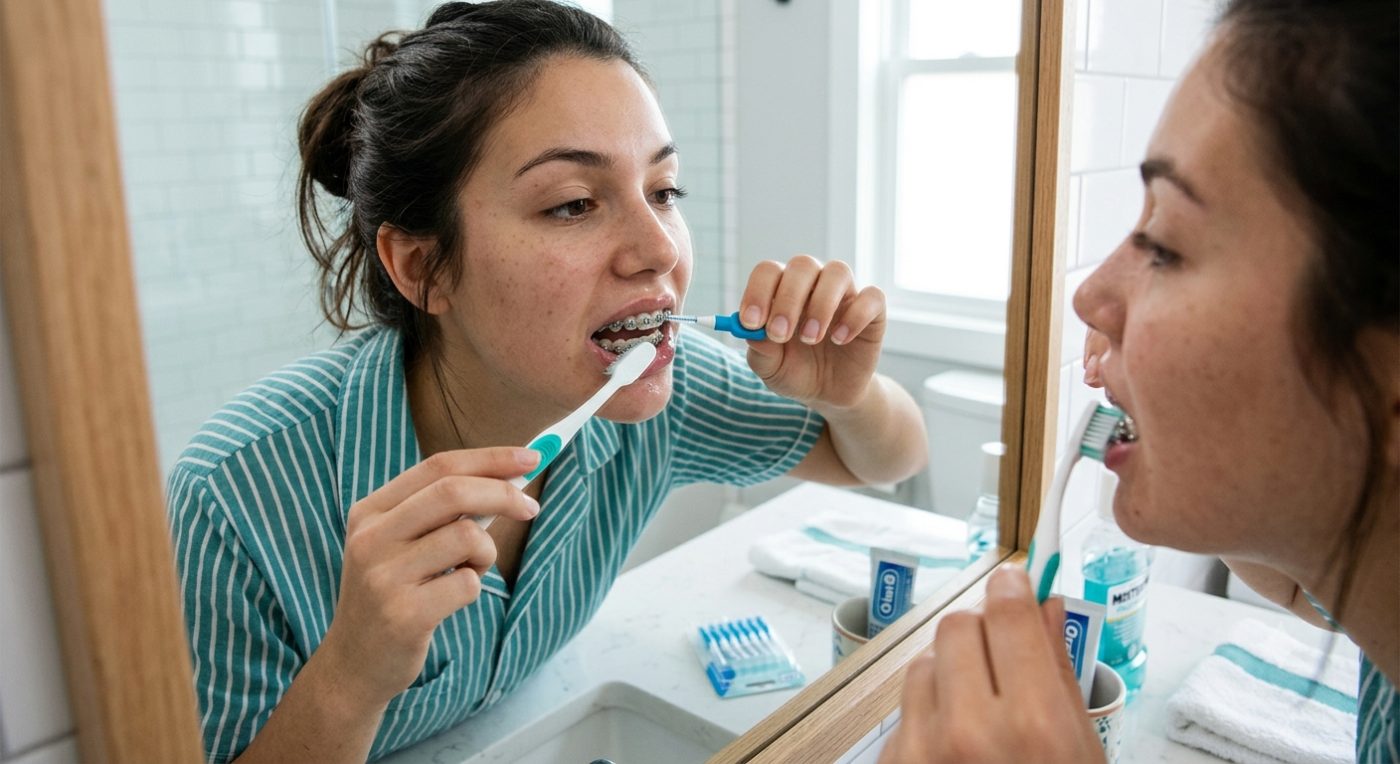 How to clean teeth with braces shown by dentist at The White Dental Practice, your 'dental clinic near me', in Mankapur Nagpur