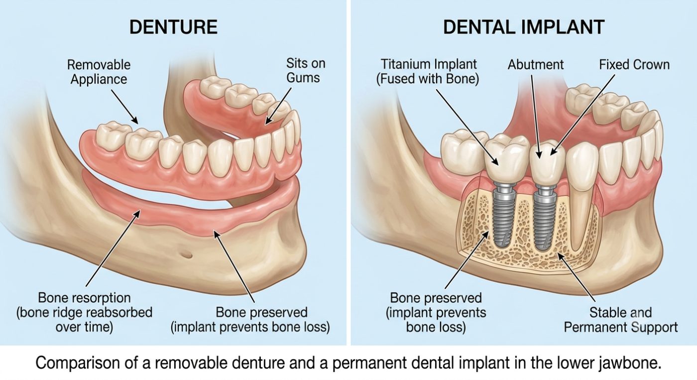 Dentures versus implants compared by dentist at The White Dental Practice, your 'dental clinic near me', in Mankapur Nagpur
