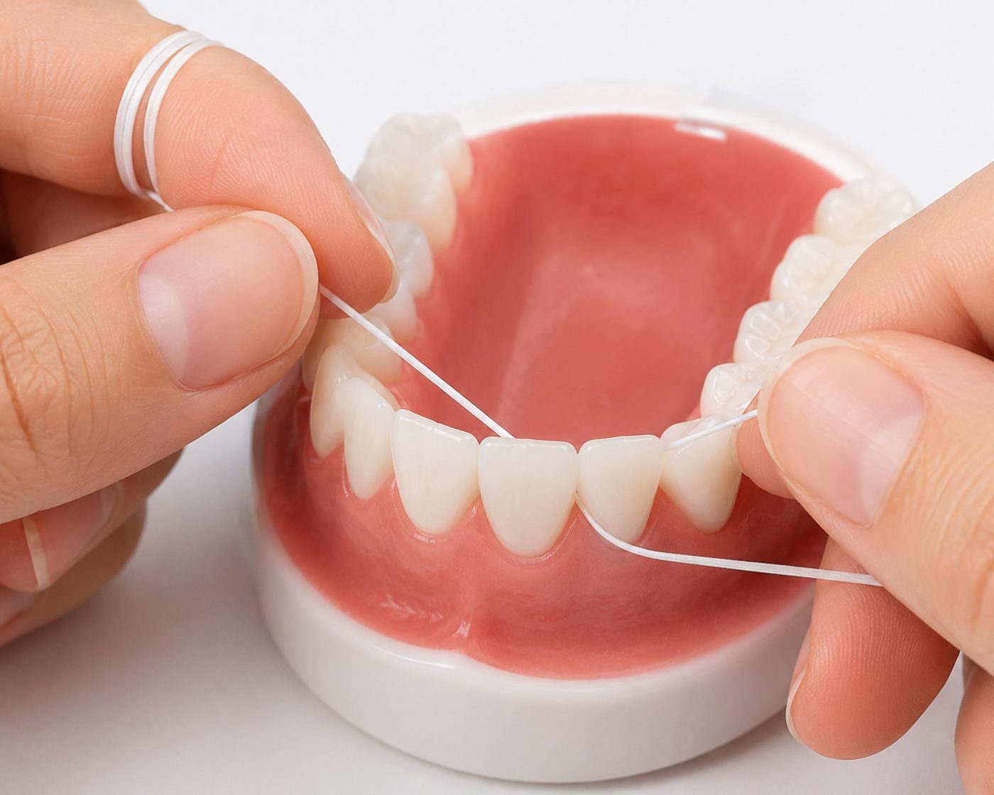 Correct daily flossing technique shown by dentist at The White Dental Practice, your 'dental clinic near me', in Mankapur Nagpur
