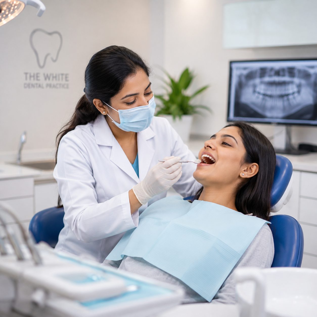 Dentist doing a routine dental check-up by dentist at The White Dental Practice, your 'dental clinic near me', in Mankapur Nagpur
