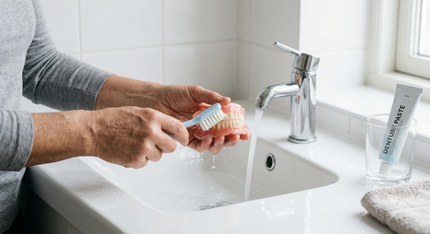 How to care for dentures shown by dentist at The White Dental Practice, your 'dental clinic near me', in Mankapur Nagpur