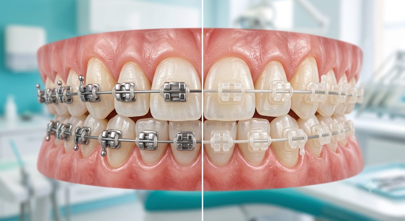 Metal versus ceramic braces compared by dentist at The White Dental Practice, your 'dental clinic near me', in Mankapur Nagpur