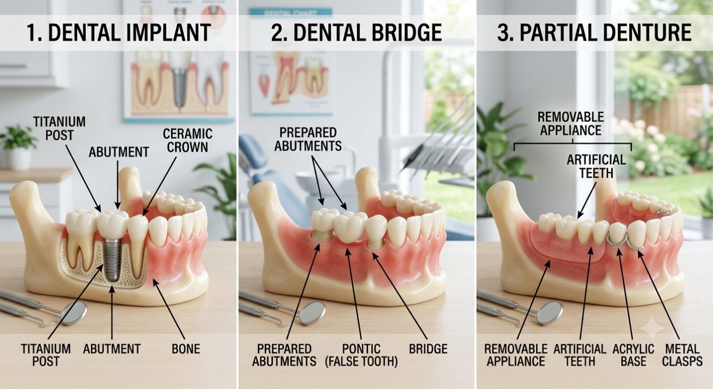 Options to replace a missing tooth explained by dentist at The White Dental Practice, your 'dental clinic near me', in Mankapur Nagpur