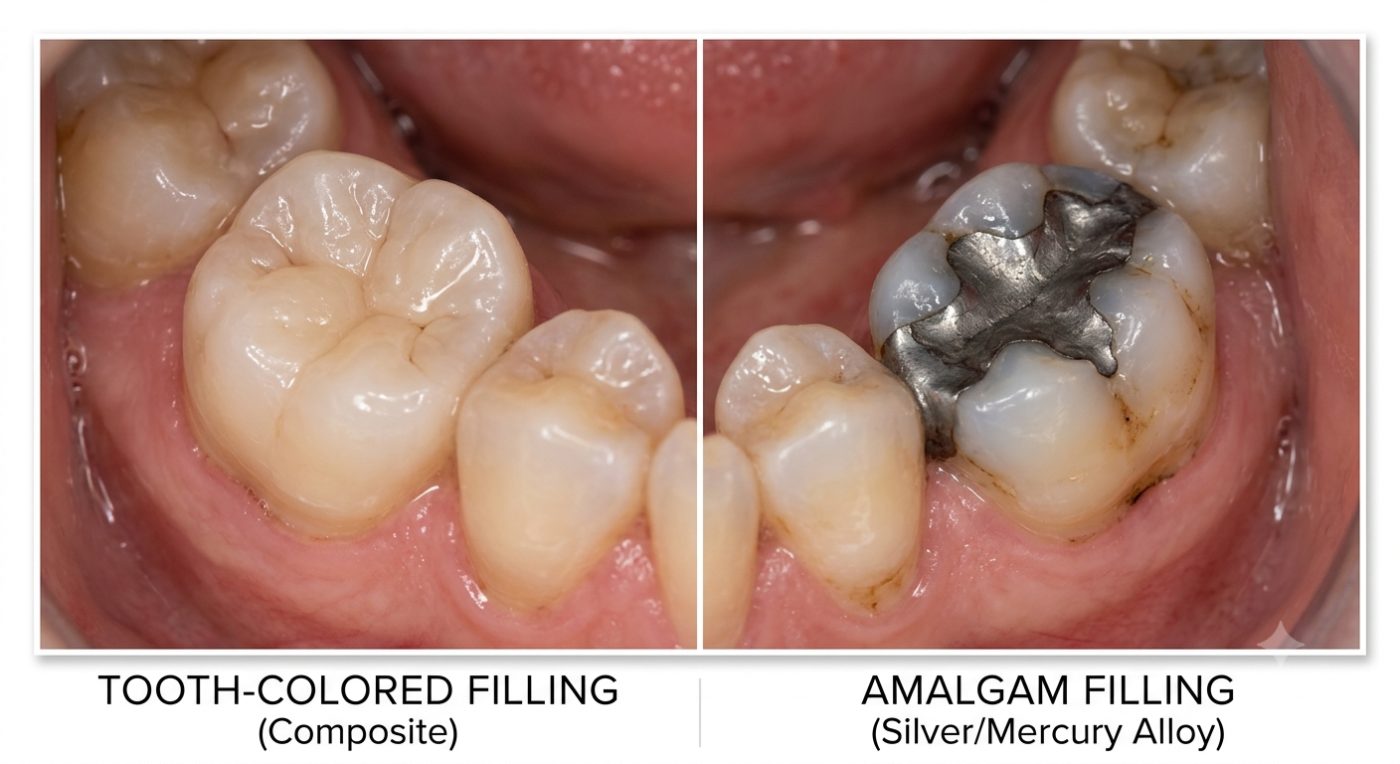 Tooth-coloured versus silver fillings compared by dentist at The White Dental Practice, your 'dental clinic near me', in Mankapur Nagpur