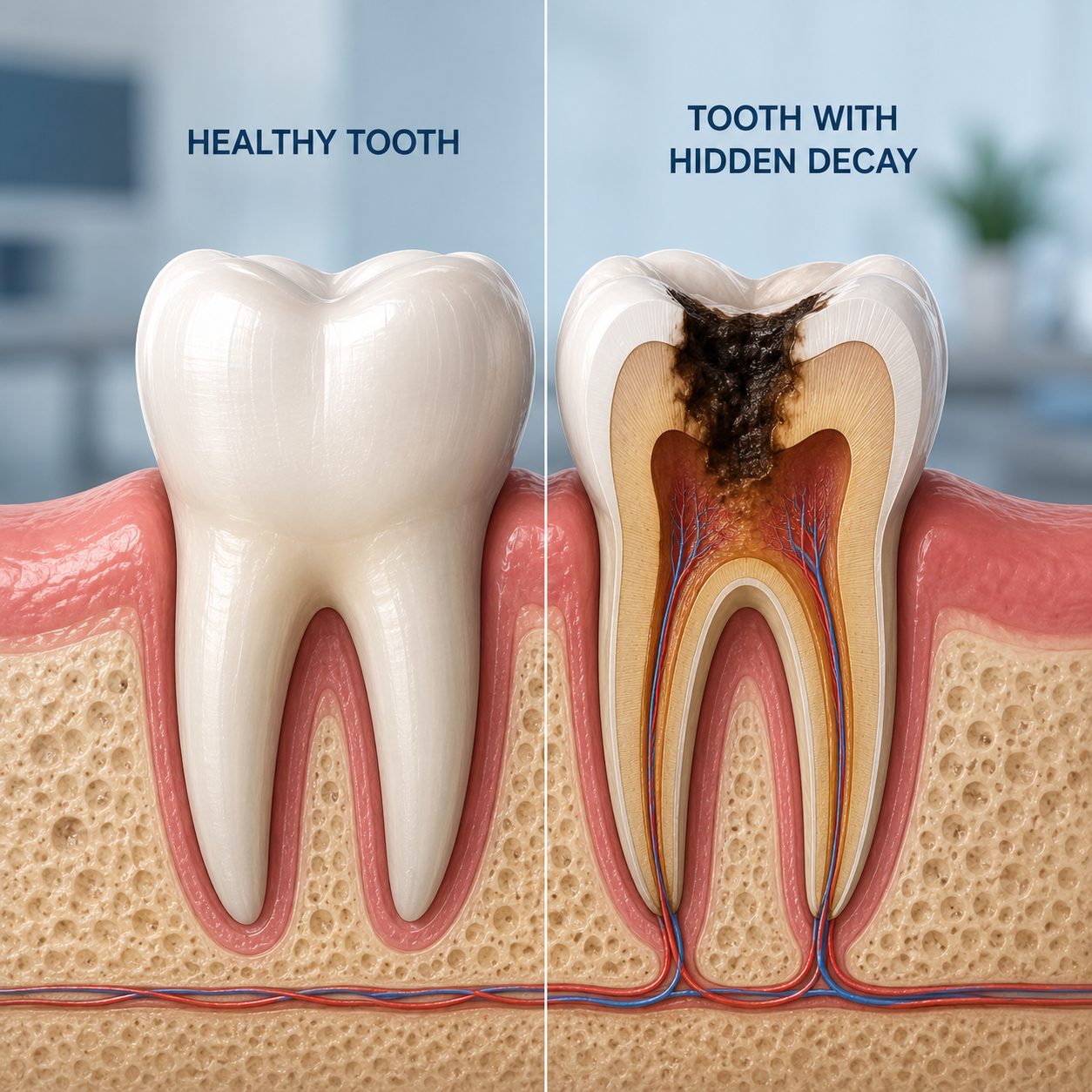 Illustration of hidden tooth decay explained by dentist at The White Dental Practice, your 'dental clinic near me', in Mankapur Nagpur
